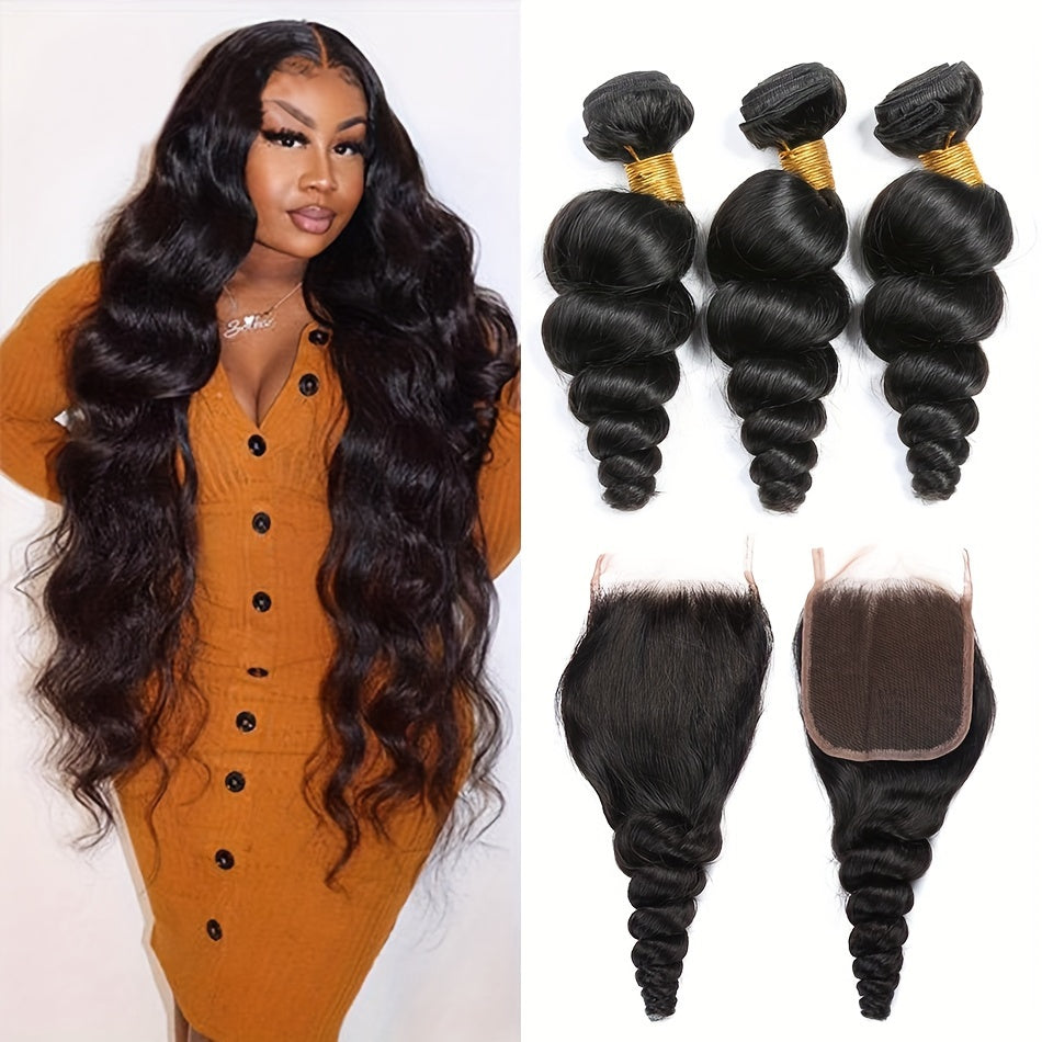 Loose Wave Human Hair Bundles with 4x4 closurePeruvian Hair extension Human Hair Bundles Loose Wave Closure Virgin Hair Weave Bundles Human Hair 3 Bundles with Closure